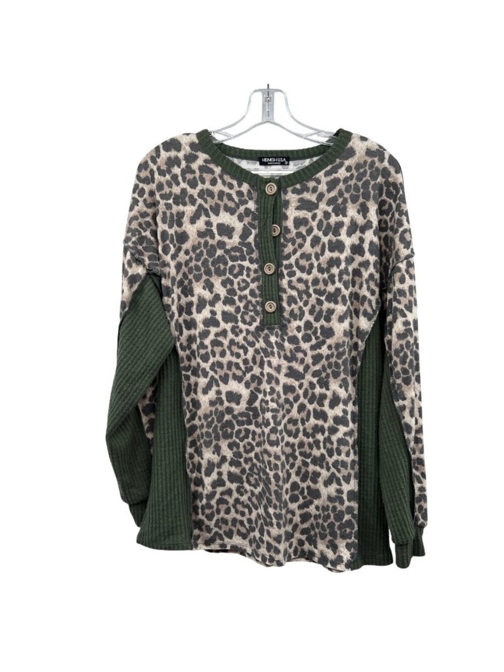 Heimish USA Cheetah Print Top Mixed Media Long Sleeve Buttons Green/Multi Small